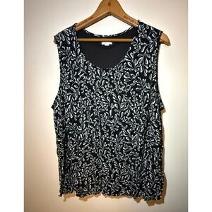 J. Jill Black White Botanical Leaf Print Sleeveless Shell Tank Top Rayon Lining